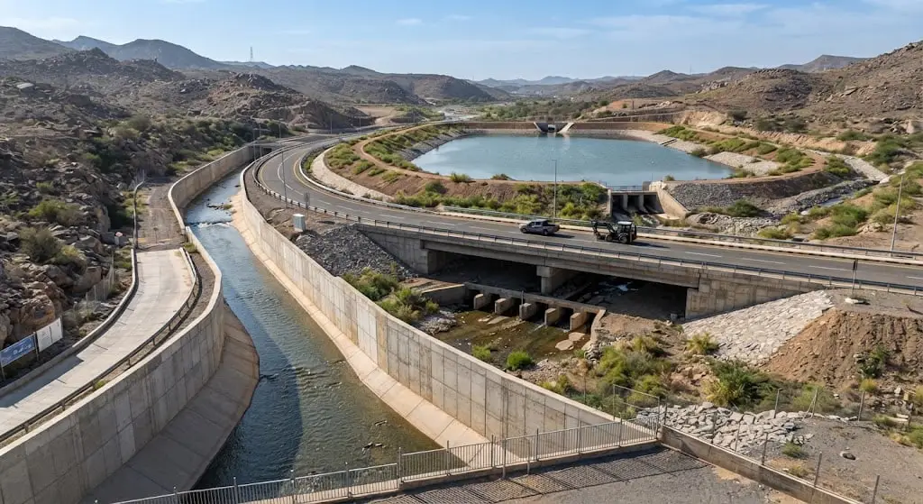 Stormwater drainage channel, wadi crossing, and retention basin project